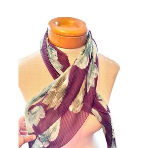 Vintage Floral Pleated Silk Scarf Purple & Green 26" x 26"